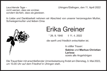 Traueranzeige von Erika Greiner von NWZ Neue Württembergische Zeitung