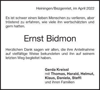 Traueranzeige von Ernst Bidmon von NWZ Neue Württembergische Zeitung