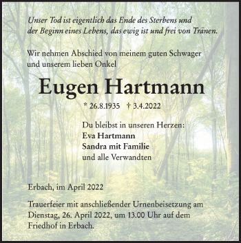 Traueranzeige von Eugen Hartmann von SÜDWEST PRESSE Ausgabe Ulm/Neu-Ulm