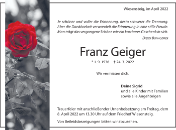 Traueranzeige von Franz Geiger von Geislinger Zeitung