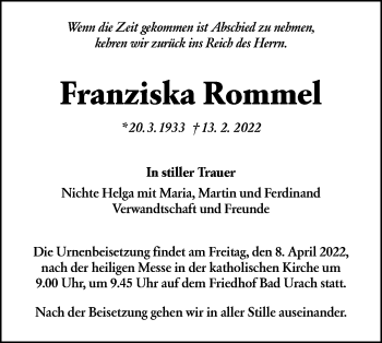 Traueranzeige von Franziska Rommel von Metzinger-Uracher Volksblatt