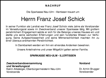 Traueranzeige von Franz Josef Schick von SÜDWEST PRESSE Ausgabe Ulm/Neu-Ulm