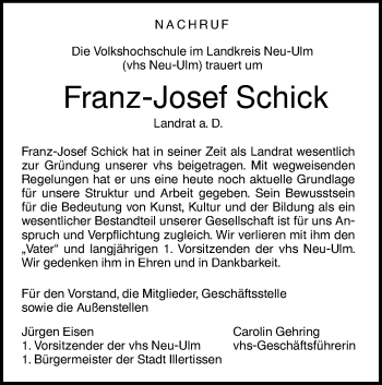 Traueranzeige von Franz Josef Schick von SÜDWEST PRESSE Ausgabe Ulm/Neu-Ulm