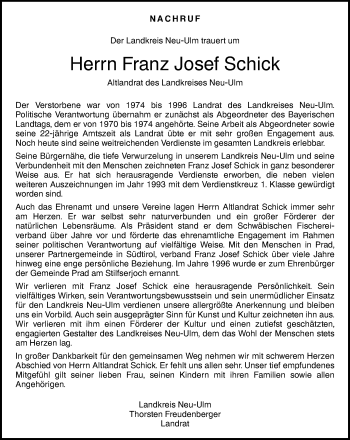 Traueranzeige von Franz Josef Schick von SÜDWEST PRESSE Ausgabe Ulm/Neu-Ulm