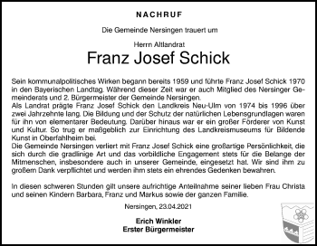 Traueranzeige von Franz Josef Schick von SÜDWEST PRESSE Ausgabe Ulm/Neu-Ulm