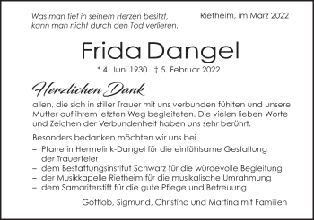 Traueranzeige von Frida Dangel von Alb-Bote/Metzinger-Uracher Volksblatt