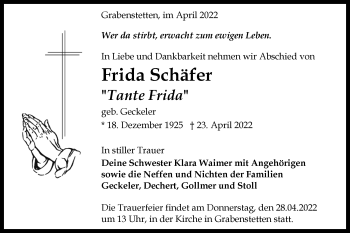 Traueranzeige von Frida Schäfer von Alb-Bote/Metzinger-Uracher Volksblatt