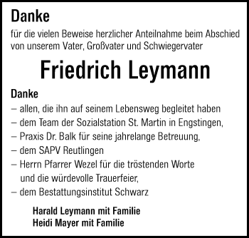 Traueranzeige von Friedrich Leymann von Alb-Bote/Metzinger-Uracher Volksblatt