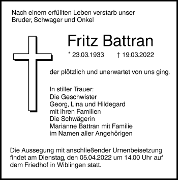 Traueranzeige von Fritz Battran von SÜDWEST PRESSE Ausgabe Ulm/Neu-Ulm