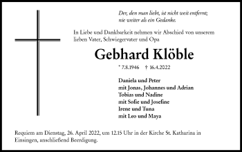 Traueranzeige von Gebhard Klöble von SÜDWEST PRESSE Ausgabe Ulm/Neu-Ulm