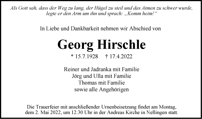  Traueranzeige für Georg Hirschle vom 23.04.2022 aus Geislinger Zeitung