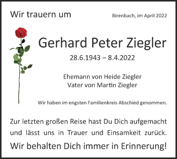 Traueranzeige von Gerhard Peter Ziegler von NWZ Neue Württembergische Zeitung