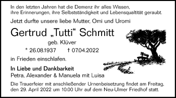 Traueranzeige von Gertrud Schmitt von SÜDWEST PRESSE Ausgabe Ulm/Neu-Ulm