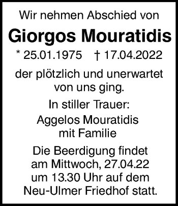 Traueranzeige von Giorgos Mouratidis von SÜDWEST PRESSE Ausgabe Ulm/Neu-Ulm