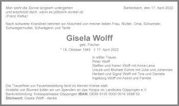 Traueranzeige von Gisela Wolff von NWZ Neue Württembergische Zeitung