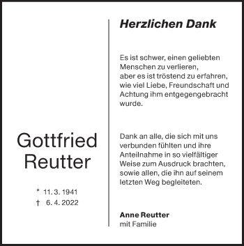 Traueranzeige von Gottfried Reutter von NWZ Neue Württembergische Zeitung