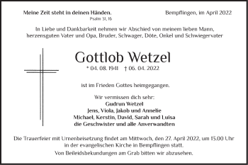 Traueranzeige von Gottlob Wetzel von Metzinger-Uracher Volksblatt