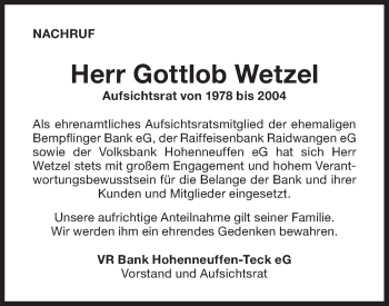 Traueranzeige von Gottlob Wetzel von Metzinger-Uracher Volksblatt