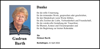 Traueranzeige von Gudrun Barth von Metzinger-Uracher Volksblatt