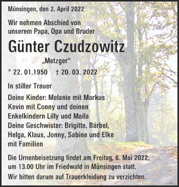 Traueranzeige von Günter Czudzowit von Alb-Bote/Metzinger-Uracher Volksblatt