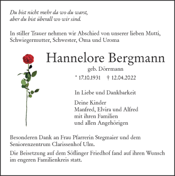 Traueranzeige von Hannelore Bergmann von SÜDWEST PRESSE Ausgabe Ulm/Neu-Ulm