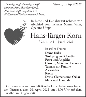 Traueranzeige von Hans-Jürgen Korn von Geislinger Zeitung