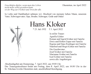 Traueranzeige von Hans Kloker von Alb-Bote/Metzinger-Uracher Volksblatt