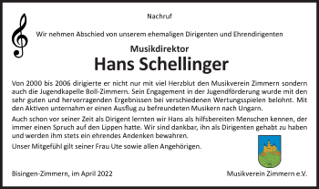 Traueranzeige von Hans Schellinger von Metzinger-Uracher Volksblatt