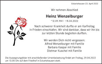 Traueranzeige von Heinz Wenzelburger von Haller Tagblatt