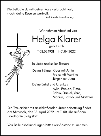 Traueranzeige von Helga Klarer von SÜDWEST PRESSE Ausgabe Ulm/Neu-Ulm