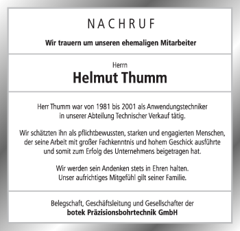 Traueranzeige von Helmut Thumm von Metzinger-Uracher Volksblatt