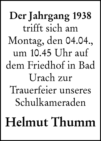 Traueranzeige von Helmut Thumm von Alb-Bote/Metzinger-Uracher Volksblatt