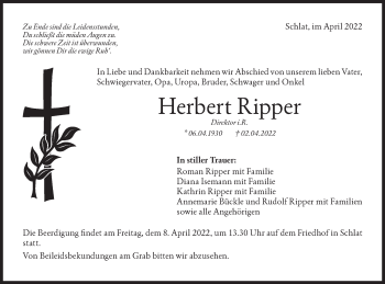 Traueranzeige von Herbert Ripper von NWZ Neue Württembergische Zeitung