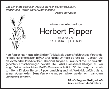 Traueranzeige von Herbert Ripper von NWZ Neue Württembergische Zeitung