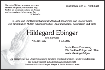 Traueranzeige von Hildegard Ebinger von Rundschau Gaildorf