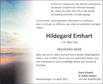 Traueranzeige von Hildegard Emhart von Ehinger Tagblatt