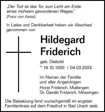 Traueranzeige von Hildegard Friderich von Alb-Bote/Metzinger-Uracher Volksblatt