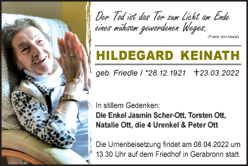 Traueranzeige von Hildegard Keinath von Hohenloher Tagblatt