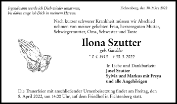 Traueranzeige von Ilona Szutter von Rundschau Gaildorf