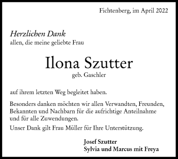 Traueranzeige von Ilona Szutter von Rundschau Gaildorf