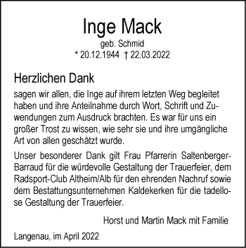 Traueranzeige von Inge Mack von SÜDWEST PRESSE Ausgabe Ulm/Neu-Ulm