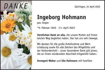 Traueranzeige von Ingeborg Hohmann von Alb-Bote/Metzinger-Uracher Volksblatt