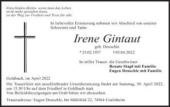 Traueranzeige von Irene Gintaut von Hohenloher Tagblatt