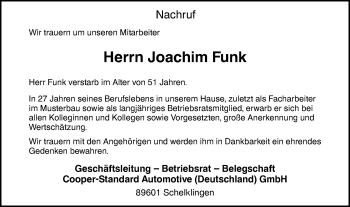 Traueranzeige von Joachim Funk von Ehinger Tagblatt