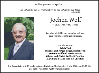 Traueranzeige von Jochen Wolf von NWZ Neue Württembergische Zeitung