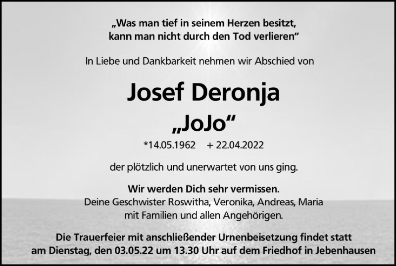  Traueranzeige für Josef Deronja vom 29.04.2022 aus NWZ Neue Württembergische Zeitung/Geislinger Zeitung