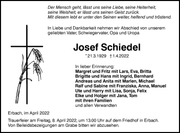 Traueranzeige von Josef Schiedel von SÜDWEST PRESSE Ausgabe Ulm/Neu-Ulm