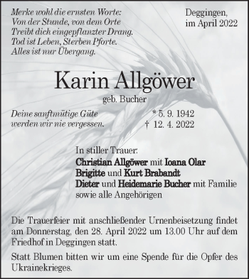 Traueranzeige von Karin Allgöwer von Geislinger Zeitung