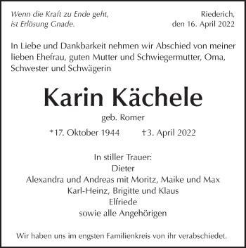 Traueranzeige von Karin Kächele von Metzinger-Uracher Volksblatt