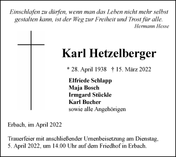 Traueranzeige von Karl Hetzelberger von SÜDWEST PRESSE Ausgabe Ulm/Neu-Ulm